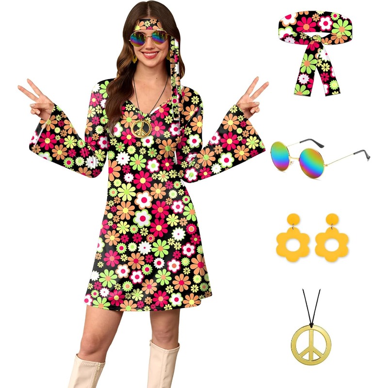 Women'S Fashion From The 70S - 女性用 5点セット ハロウィン 70年代 ヒッピードレス 花柄コスチューム衣装
