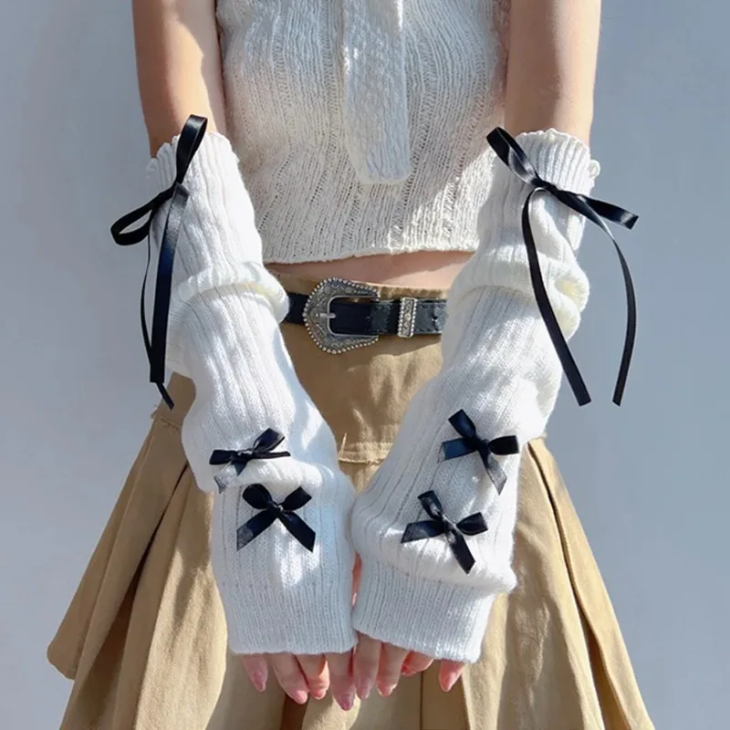 Women'S Fashion Gloves - 女性 Y2K ファッションアームウォーマーちょう結びソフトニット手袋女性ガールハーフフィンガーミトン無地厚みのあるアームスリーブ