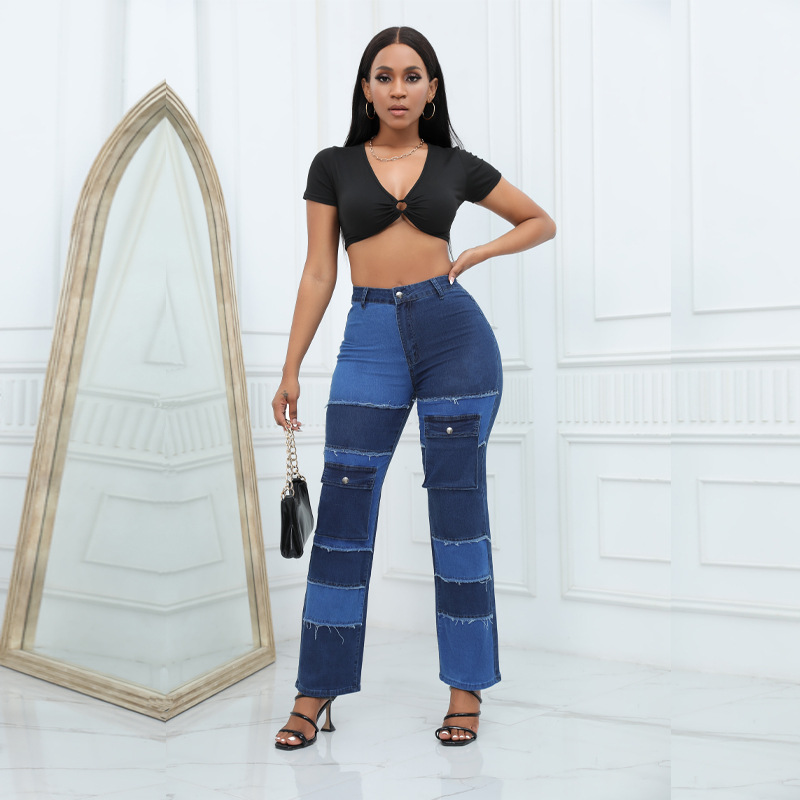 Women'S Fashion Utility Pants - ユーティリティスタイルカラーブロックマルチポケットジーンズ、2026年ユーロアメリカンスタイルレディースハイウエストワイドレッグファッショナブル万能パンツ