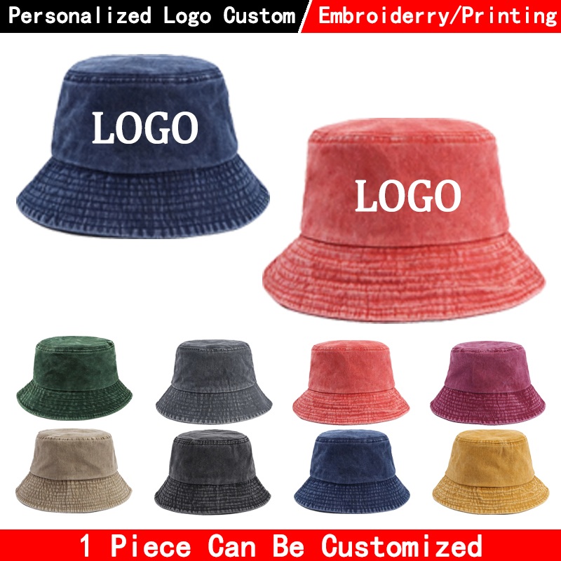 Women Fashion Hats - カスタムロゴ入りデニムバケットハット ファッションウォッシュドデニムキャップ デザイン メンズ パナマハット レディース