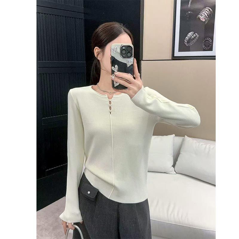 Women Fashion Style - 女性用アメリカンスタイル中空ニットトップス、スリムインナーウェア、長袖ファッションベースレイヤー、秋冬用