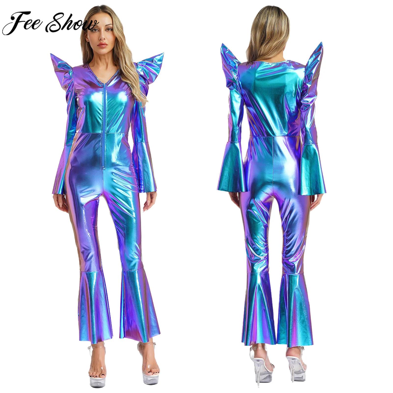 Women'S Fashion From The 70S - 女性 70 年代ディスコヒッピーコスプレ衣装長袖メタリック光沢のあるベルボトムジャンプスーツクラブウェアハロウィンカーニバルパーティー用