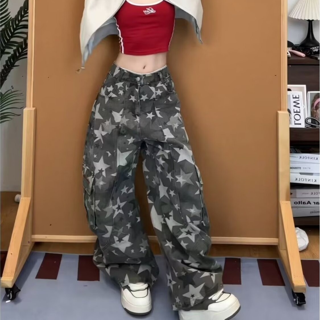 Women'S Fashion Utility Pants - レディースカモフラージュカーゴパンツ ハイウエスト ルーズフィット ストレートレッグ ユーティリティトラウザーズ ストリートウェア