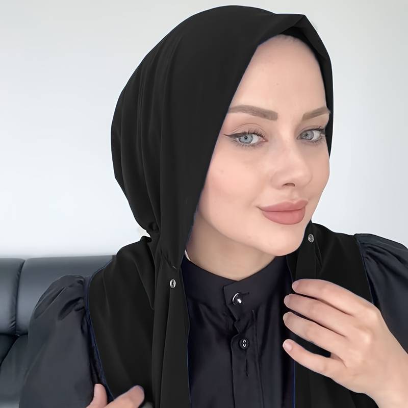 Women Fashion Hats - ムスリムファッション シンプル無地スカーフ帽子 スナップボタン付き バオトウ一体型ガーゼスカーフ 防砂帽子