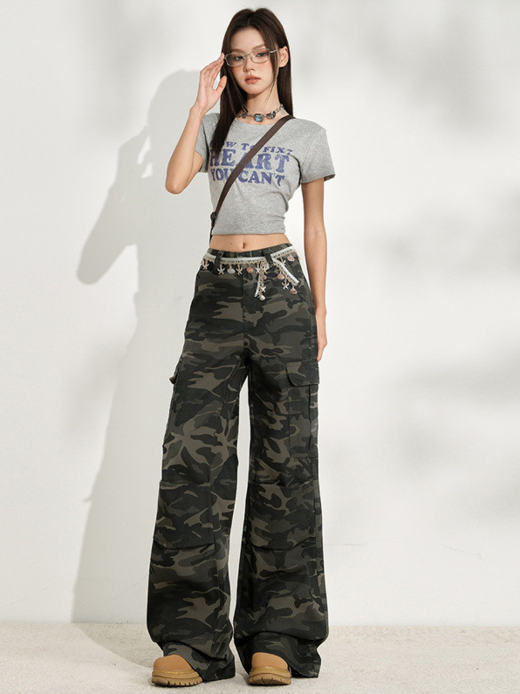 ファッション迷彩柄レディースジーンズワイドレッグハイウエスト - Women'S Fashion Utility Pants のレビューと価格