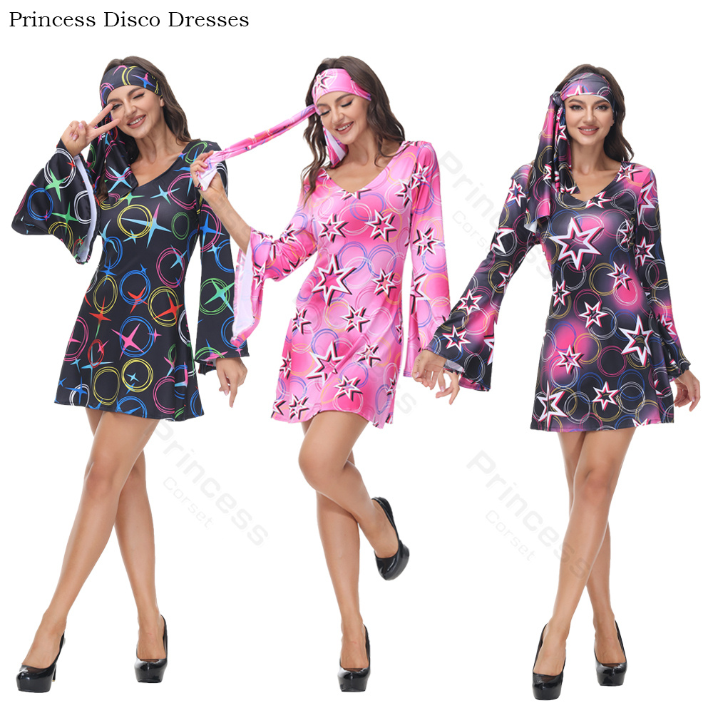 女性のためのディスコドレス、ハロウィーンの衣装、ヘッドバンド - Women'S Fashion From The 70S のレビューと価格