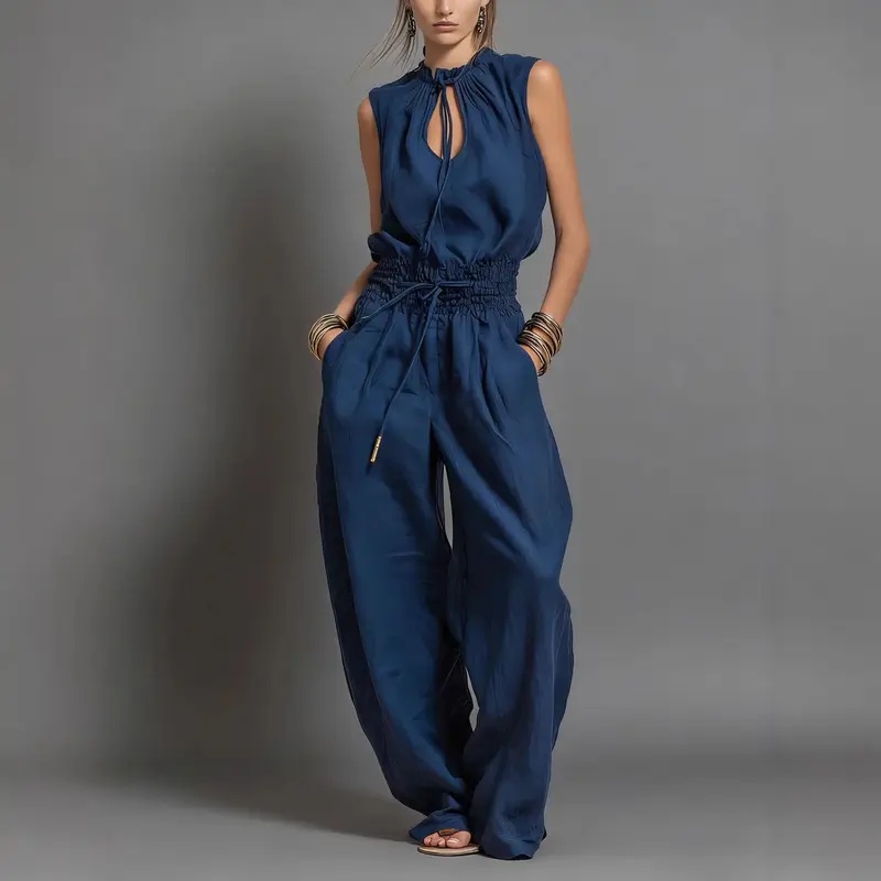 女性ジャンプスーツ夏用ノースリーブ弾性ウエストバンド巾着ルー - Women'S Fashion Overalls のレビューと価格