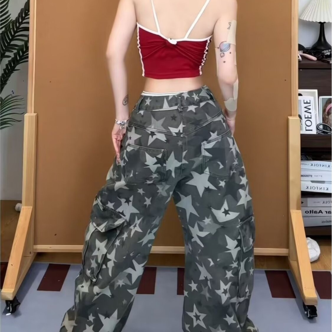 レディースカモフラージュカーゴパンツ ハイウエスト ルーズフ - Women'S Fashion Utility Pants のレビューと価格