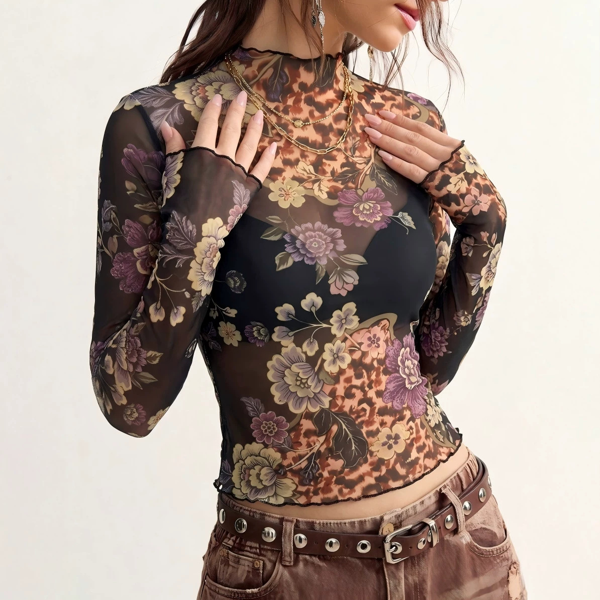 B 2026 レトロフラワープリント シースルーメッシュTシ - Women Fashion Style のレビューと価格