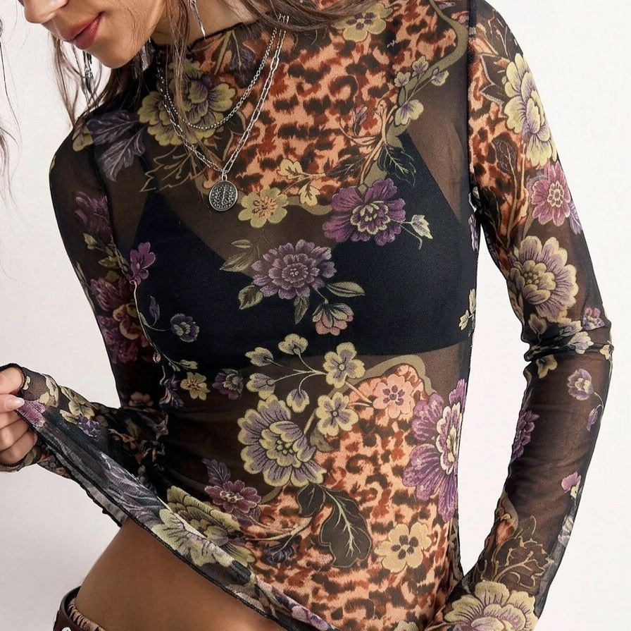 B 2026 レトロフラワープリント シースルーメッシュTシ - Women Fashion Style のレビューと価格