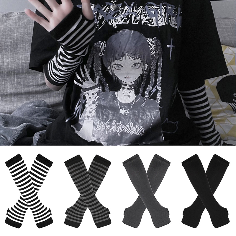 女性長袖ゴシックストライプ指なしアームウォーマーニット女性の - Women'S Fashion Gloves のレビューと価格