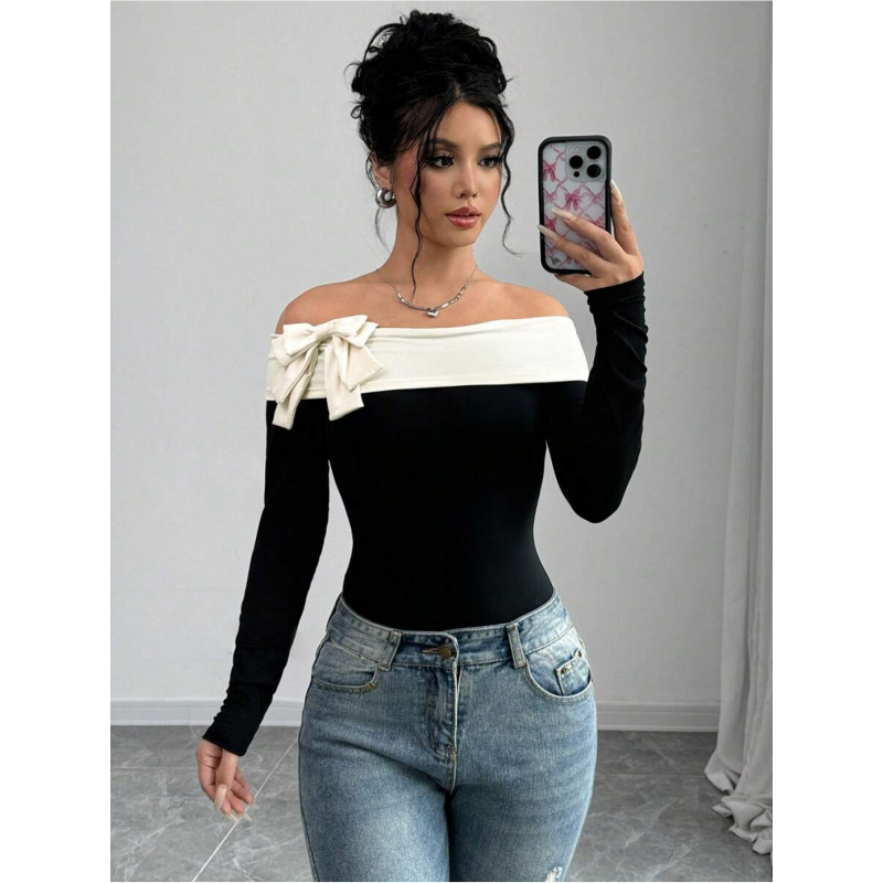 蝶結び装飾オフショルダーボディスーツ |   カジュアルでフ - Women Fashion Style のレビューと価格